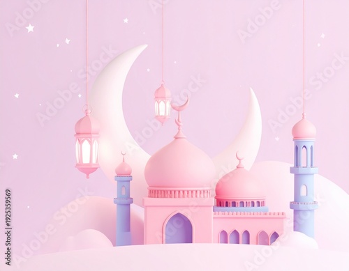 Luxury 3D Islamic Mosque Under Crescent Moon