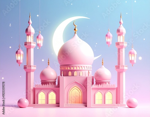 3D Islamic Mosque with Crescent Moon 