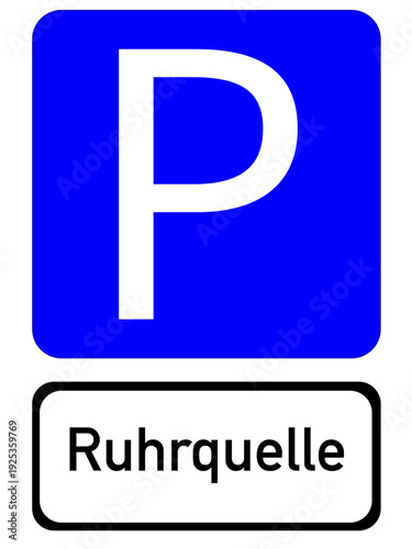 Illustration of a blue parking sign with the inscription "Ruhrquelle"