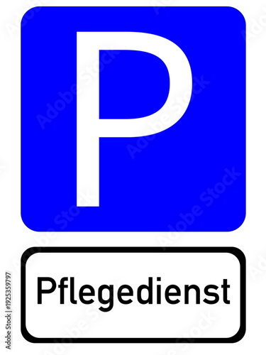 Illustration of a blue parking sign with the inscription "Pflegedienst"