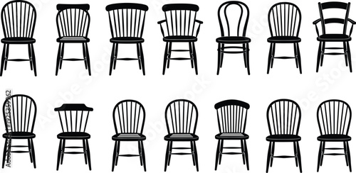 Black silhouette collection of vintage wooden chairs, classic Windsor and farmhouse furniture icons, isolated vector set for interior design and decor. (23 words)