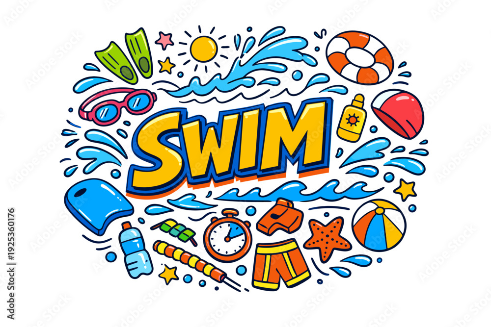 Fototapeta premium Colorful swimming gear and water elements illustration