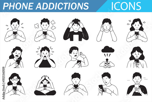 Digital Lifestyle and Mobile Phone Overuse Illustration Set