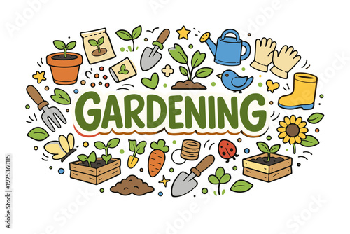 Colorful gardening tools and plants illustration with vegetables and flowers
