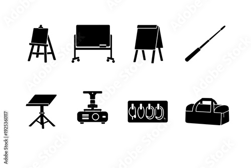 Educational equipment icons: easel, chalkboard, flipchart, pointer, desk, projector, hooks, bag