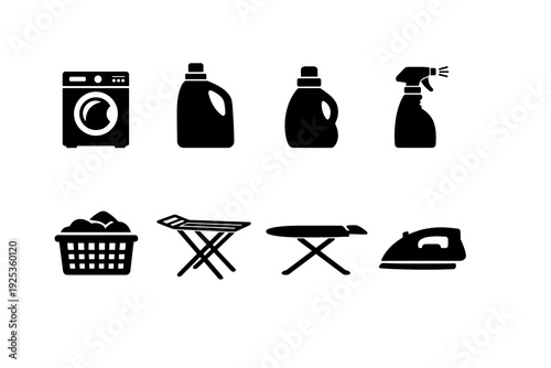 Laundry essentials icons: washing machine, detergents, ironing board, iron, basket