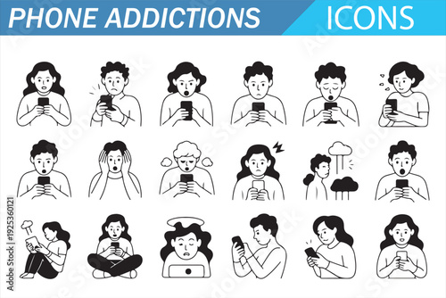 Social Media Dependency and Screen Time Outline Vector Icons