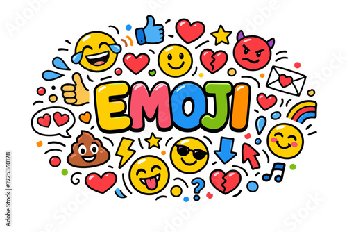 Colorful emoji collage featuring emotions and symbols