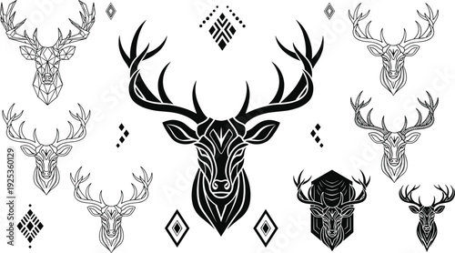 Deer Head with Antlers Geometric and Line Art Vector Collection Tribal Stag Symbols for Tattoo Logo and Boho Design.