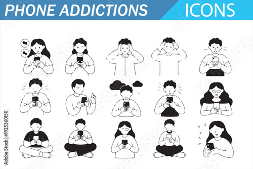 Smartphone Addiction Line Icon Set with People Using Mobile Phones