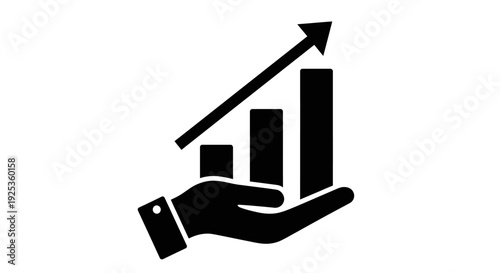 Hand holding a growing bar graph with an upward arrow, symbolizing business growth and financial success, on an isolated white background.