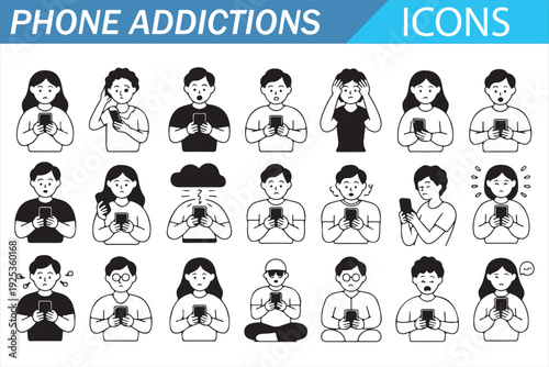 Phone Addiction Line Icons Set Showing People Using Smartphones, Social Media Dependency, Screen Time Problems and Digital Lifestyle Behavior Vector Illustration