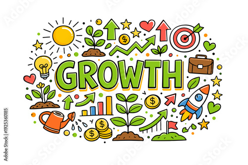 Colorful growth concept with plants, arrow, and rocket illustrations