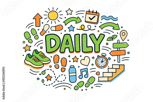 Colorful daily routine doodle with sneakers, arrows, and stopwatch