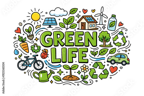 Green life: embracing eco-friendly living with renewable energy and sustainability icons
