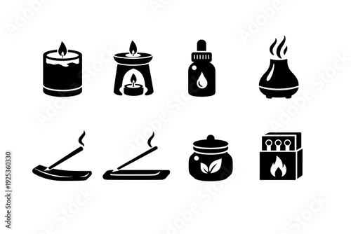 Aromatherapy elements collection: candles, incense, oils, diffusers, matches