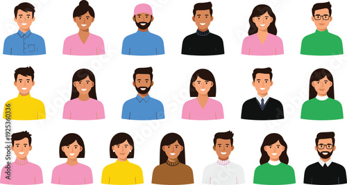 Avatar illustration grid, diverse people character design individuality fashion hairstyle clothing profile icon vector artwork, lifestyle and workplace theme, isolated background