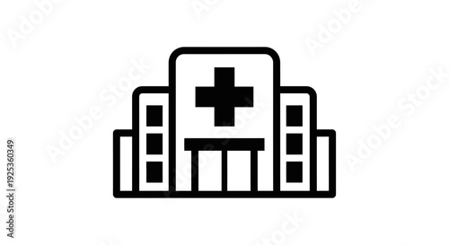 Outline icon of a hospital building with a medical cross symbol on an isolated white background.