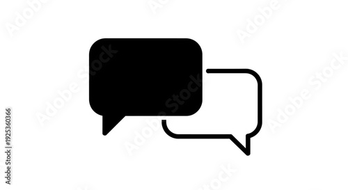 Two overlapping speech bubbles, one solid black and one outline, symbolizing communication, dialogue, and online chat on an isolated white background.