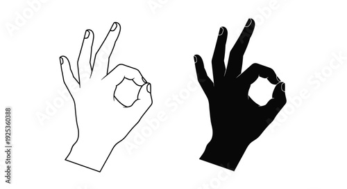 Two hand gestures forming the "OK" sign, one outline and one solid, symbolizing approval, agreement, and excellence, on an isolated white background.