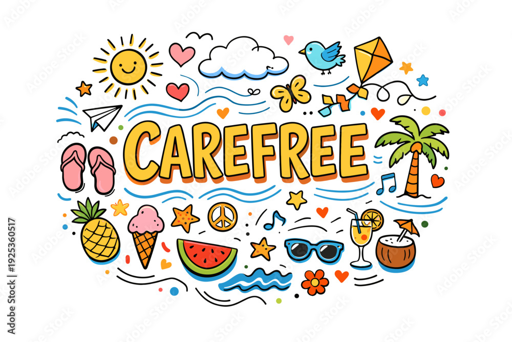Naklejka premium Colorful summer icons with carefree vibes and beach theme doodles