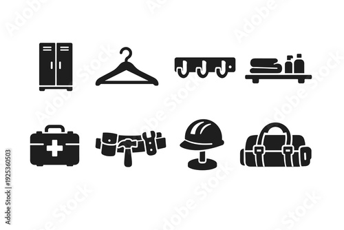 Set of eight black silhouette icons for storage and safety equipment