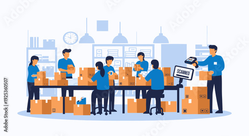 A team of diligent warehouse workers efficiently packing and scanning cardboard boxes on a long table in a busy distribution center, reflecting a productive work environment.