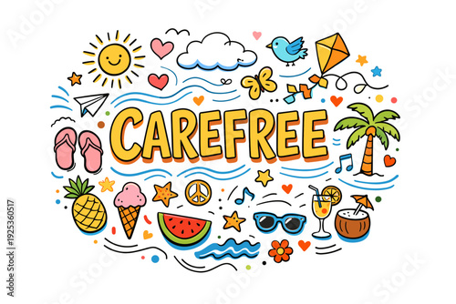 Colorful summer icons with carefree vibes and beach theme doodles