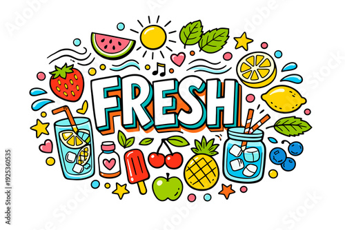 Colorful summer fruits and drinks illustration with fresh symbols