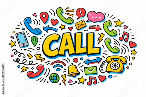 Colorful doodle art featuring phones and communication symbols