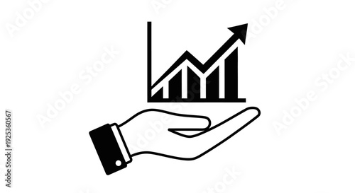 Human hand holding a growing bar graph with an upward arrow symbolizing business growth and financial success, isolated white background.