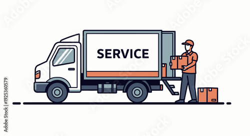 Delivery man unloading cardboard boxes from a white "Service" truck in a bright outdoor setting, representing logistics.