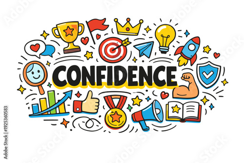 Confidence concept with doodles of trophy, rocket, and motivation symbols