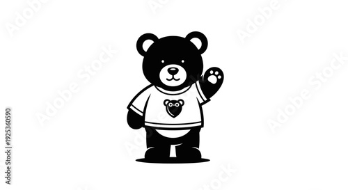 Cute black teddy bear cartoon character waving cheerfully, wearing a shirt with a bear print, isolated white background.