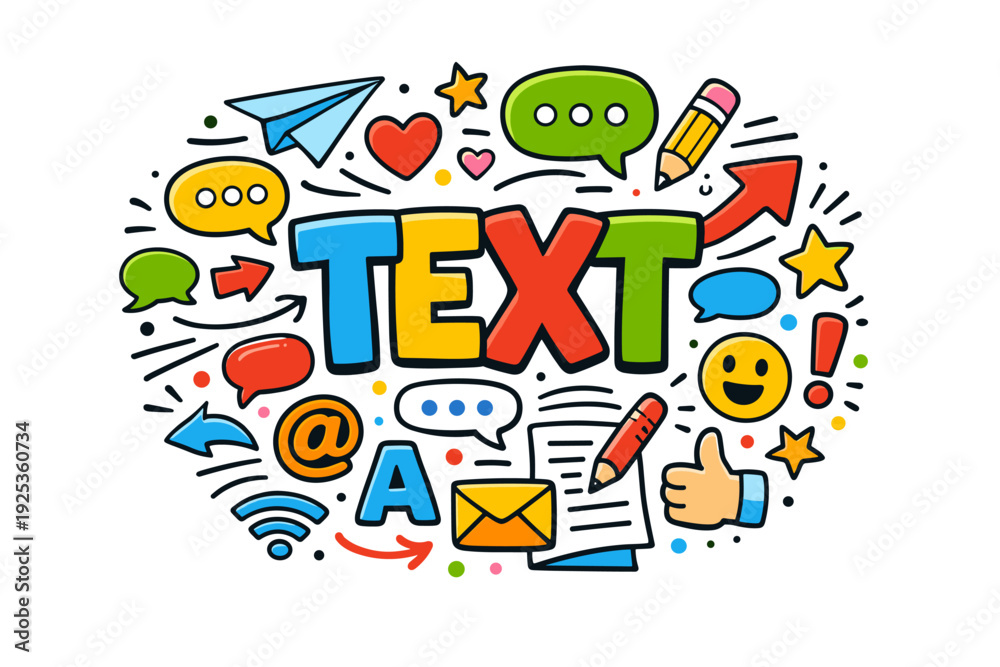 Fototapeta premium Colorful doodle art featuring various communication icons and text elements