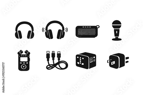 Audio gadgets collection: headphones, speaker, microphone, recorder, cables, charger