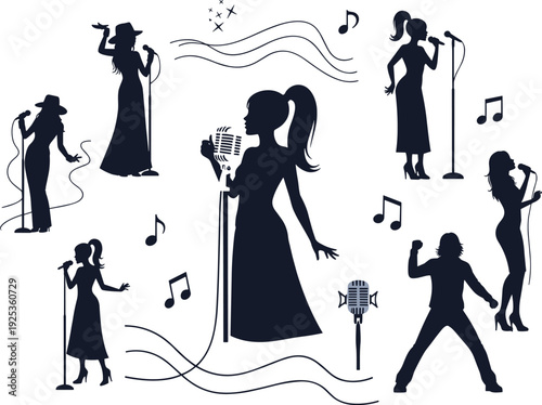 Female Singer Silhouette Collection with Microphone Music Notes and Stage Performance Poses for Concert Karaoke and Entertainment Design.