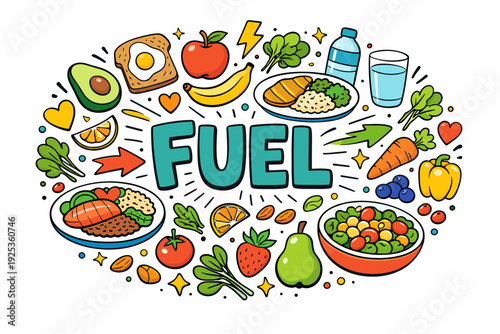 Vibrant healthy food elements surrounding fuel text in whimsical style