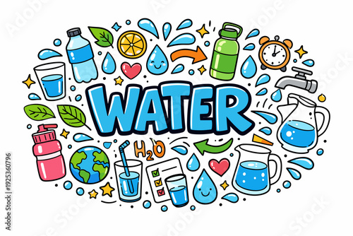 Colorful doodle art of water elements and conservation symbols