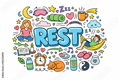 Colorful rest doodle with relaxing elements and peaceful activities