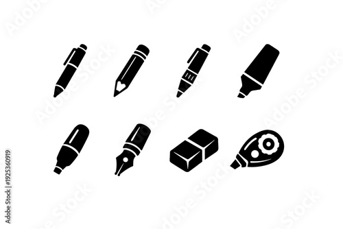 Set of black silhouette writing tools on white background
