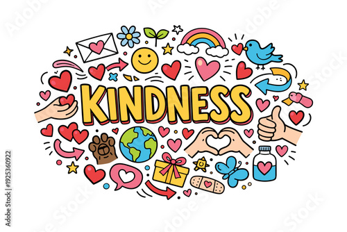 Colorful kindness illustration with hearts and symbols promoting positivity and love