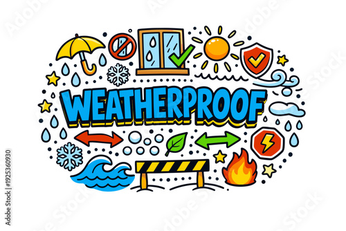 Weatherproof doodle art with sun, rain, wind, and fire symbols