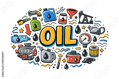Colorful oil industry icons featuring equipment and tools