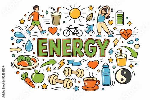 Cartoon illustration of active lifestyle with exercise, healthy food, and energy symbols