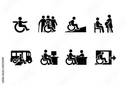 Accessibility icons depicting wheelchair users and assistance in various contexts