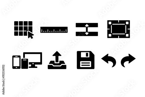 Icon set for digital tools: grid, ruler, resize, crop, devices, upload, save, undo, redo