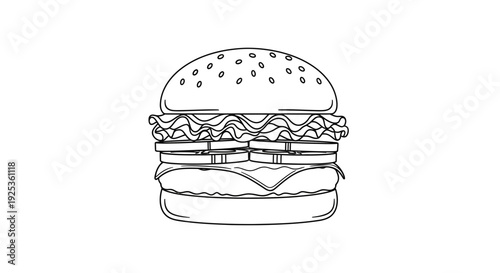 Delicious Burger Outline Drawing, Fast Food Icon, Simple Line Art Illustration