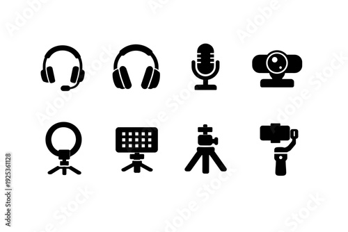 Audio and video recording equipment icons: headset, microphone, webcam, ring light, tripod