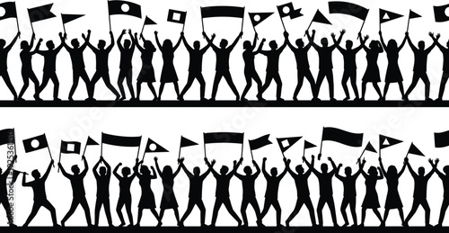 Protest crowd silhouettes holding waving flags and raising hands in unity, political demonstration concept, social activism movement, mass rally illustration isolated on white background